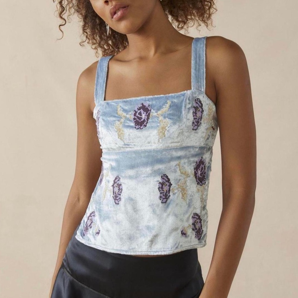 Kimchi Blue | Urban Outfitters Light Blue Embroidered Velvety Backless Tank Top